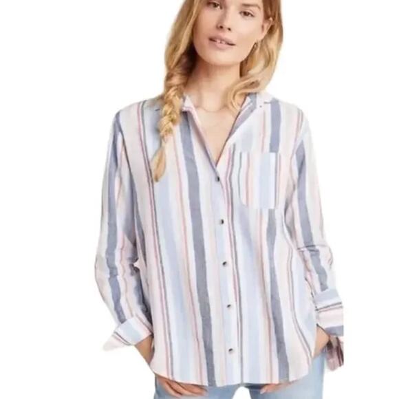 Anthropologie Maeve Chatham Striped Button Down Linen Blend Shirt - Size M - GUC - Picture 11 of 12